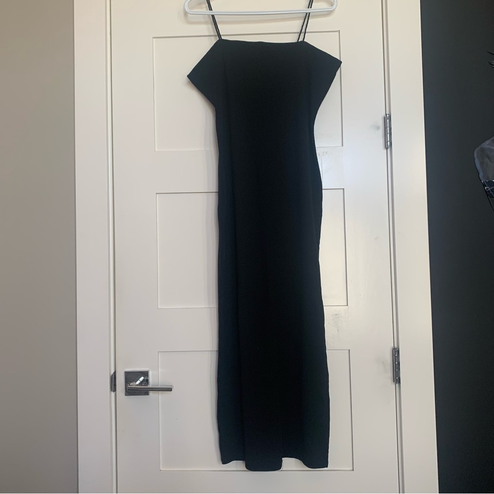 miss selfridge strappy midi dress with split detail in black